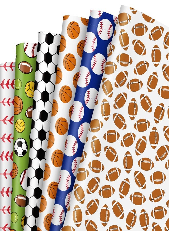 Whaline 12 Sheets Sports Ball Theme Wrapping Paper Football Basketball Soccer Folded Flat Gift Wrap Paper 6 Designs DIY Craft Art Paper for Baby Shower Birthday Party Gift Packing, Not Roll - Image 1